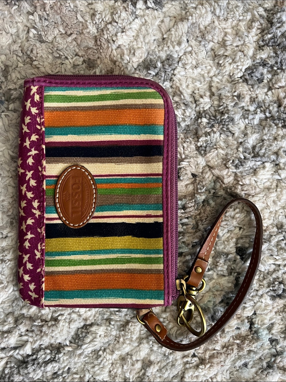 Fossil Striped Vinyl Wristlet with Magenta Trim and Brown Leather Strap